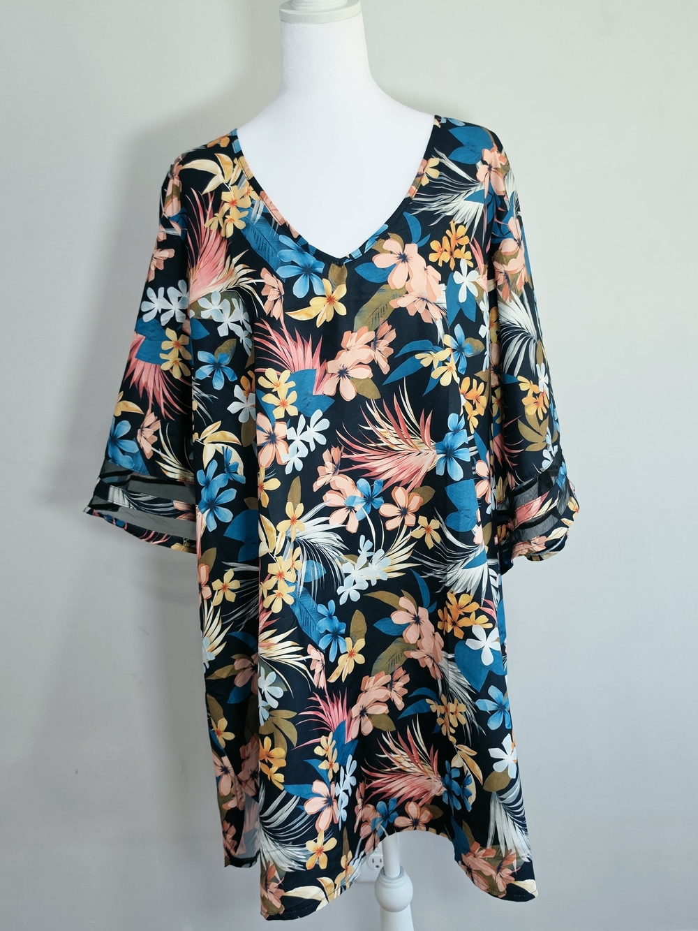 Floral V-Neck Pajama Nightgown - Black with Blue & Peach Florals